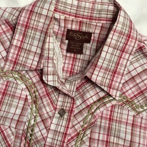 Womens Blouse Diamond Pearl Snap Western Plaid Shirt Size Small - Picture 7 of 8